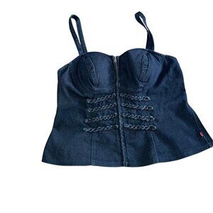 Tripp Nyc Womens Top Size XL Blue Denim Zipper Front Corset Stretch Casual